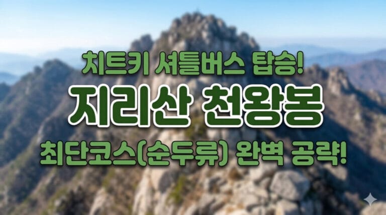 흐릿하게 처리된 웅장한 지리산 능선 풍경을 배경으로, '치트키 셔틀버스 탑승! 지리산 천왕봉 최단코스(순두류) 완벽 공략'이라는 문구가 굵고 입체적인 글씨로 중앙에 강조되어 있는 블로그 썸네일 이미지